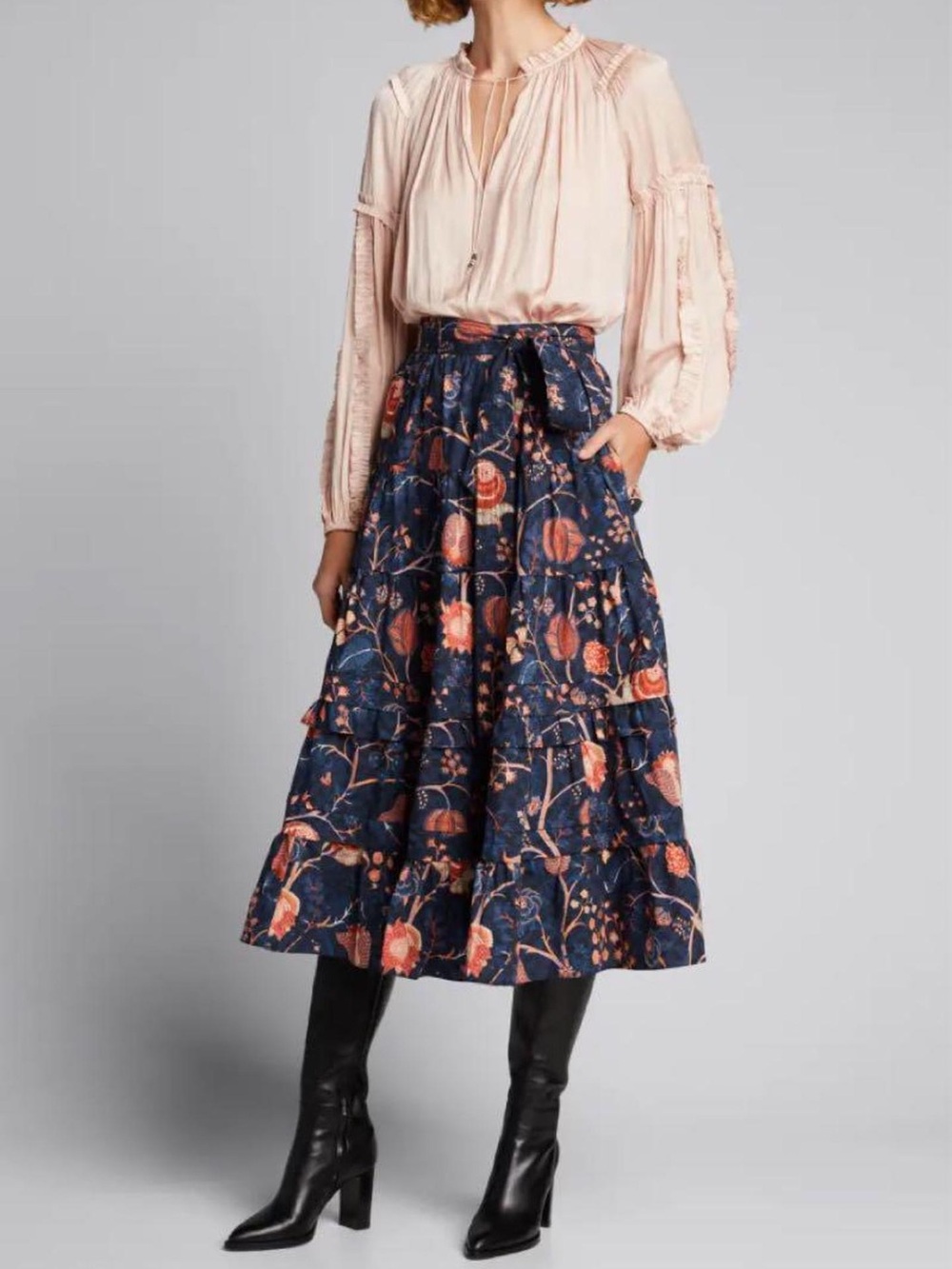 Ulla Johnson Sigrid Tiered Floral Midi Skirt Cotton Women’s 6 Navy